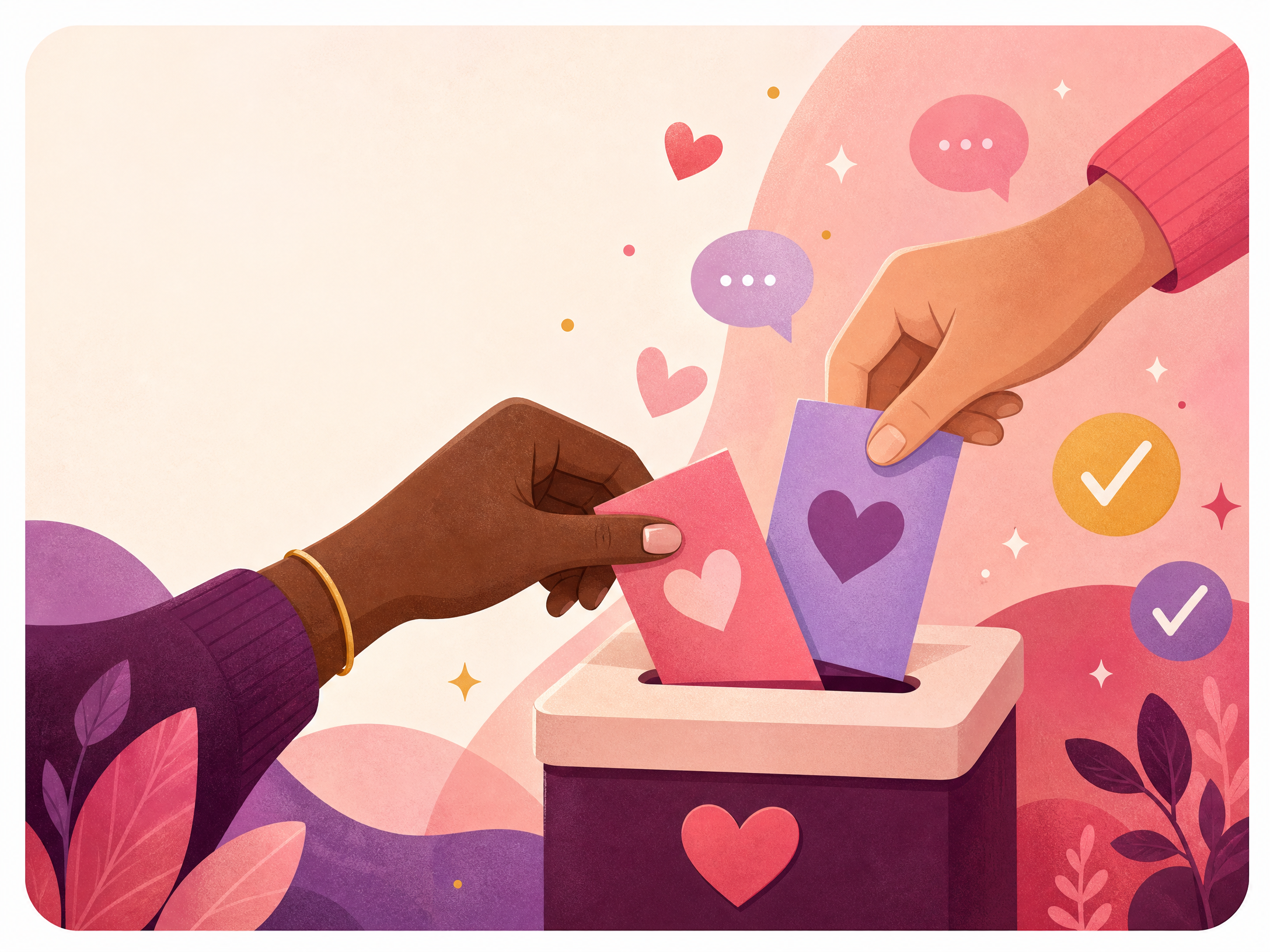 Hands placing colorful relationship poll cards into a ballot box